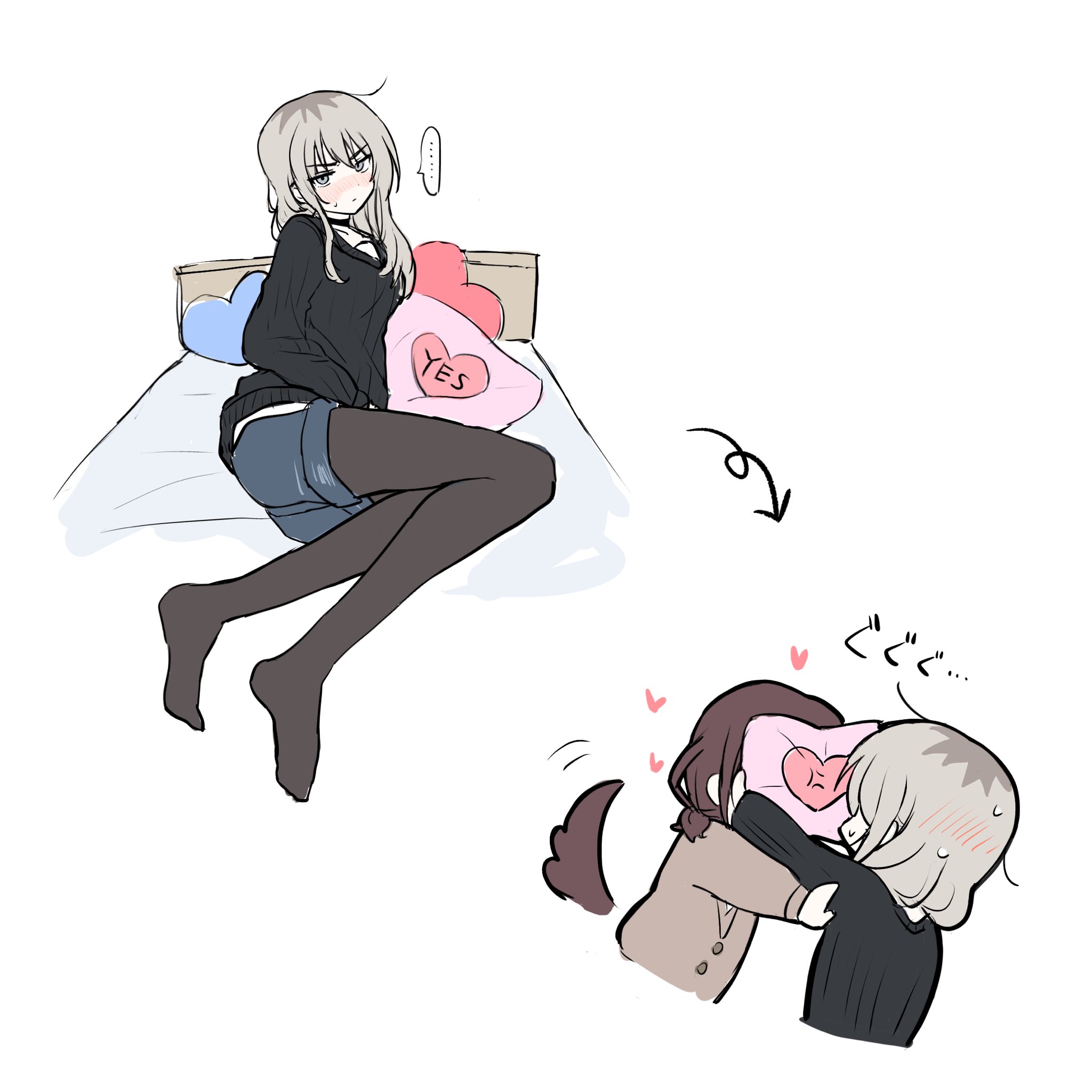 lemoontya, iseri nina, kawaragi momoka, girls band cry, commentary request, highres, …, 2girls, black choker, black pantyhose, black sweater, blue shorts, blush, brown hair, choker, closed mouth, dog tail, grey hair, heart, long hair, multicolored hair, multiple girls, on bed, pantyhose, pillow, roots (hair), short twintails, shorts, spoken ellipsis, sweater, tail, twintails, yes, yes-no pillow, yuri