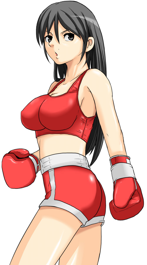 artist request, character request, source request, 1girl, black eyes, black hair, boxing, boxing gloves, breasts, female focus, gloves, large breasts, long hair, looking back, mole, red theme, shorts, solo, sports bra