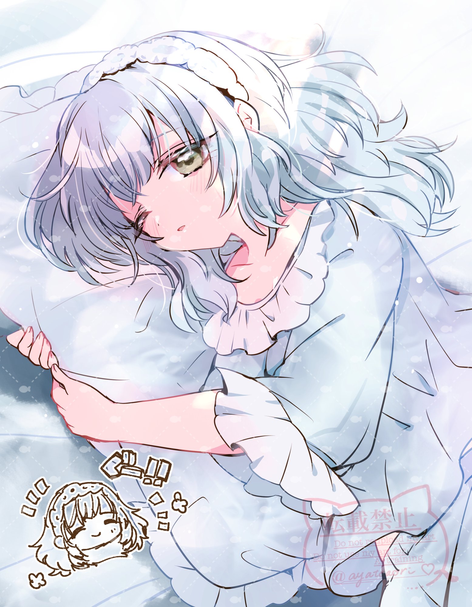ayateaori, nemui nemu, kimi no koto ga dai dai dai dai daisuki na 100-nin no kanojo, commentary request, highres, 1girl, blue hair, blue pajamas, chibi, chibi inset, frilled pillow, frills, hugging object, light blush, long hair, lying, on side, one eye closed, pajamas, parted lips, pillow, pillow hug, solo, yellow eyes