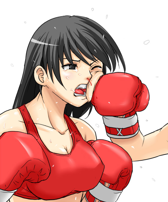 test (artist), 1girl, black hair, blood, boxer, boxing, boxing gloves, breasts, large breasts, long hair, nosebleed, one eye closed, open mouth, pain, punching, red theme, simple background, sports bra, sweat