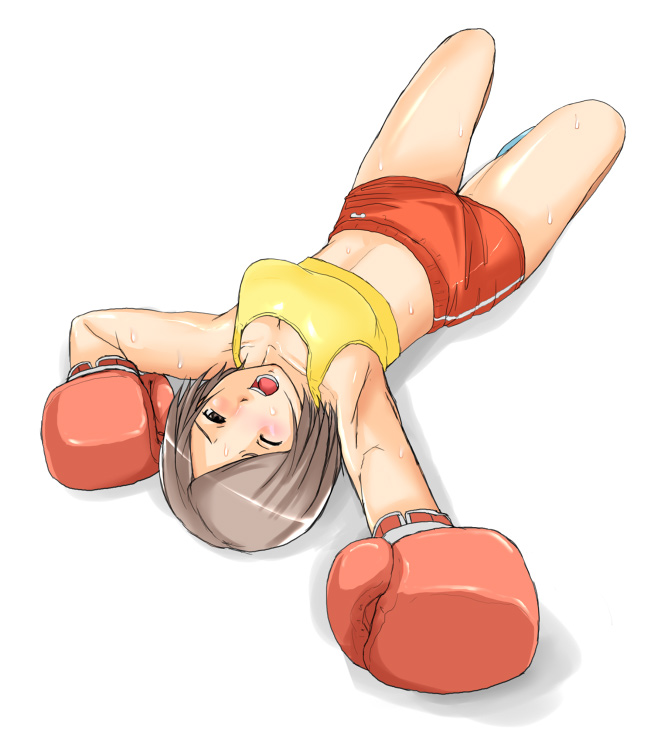 test (artist), source request, 1girl, blush, boxing, boxing gloves, brown hair, female focus, love upper, lying, midriff, on back, one eye closed, open mouth, short hair, shorts, solo, sports bra, sportswear, sweat, teeth, white background