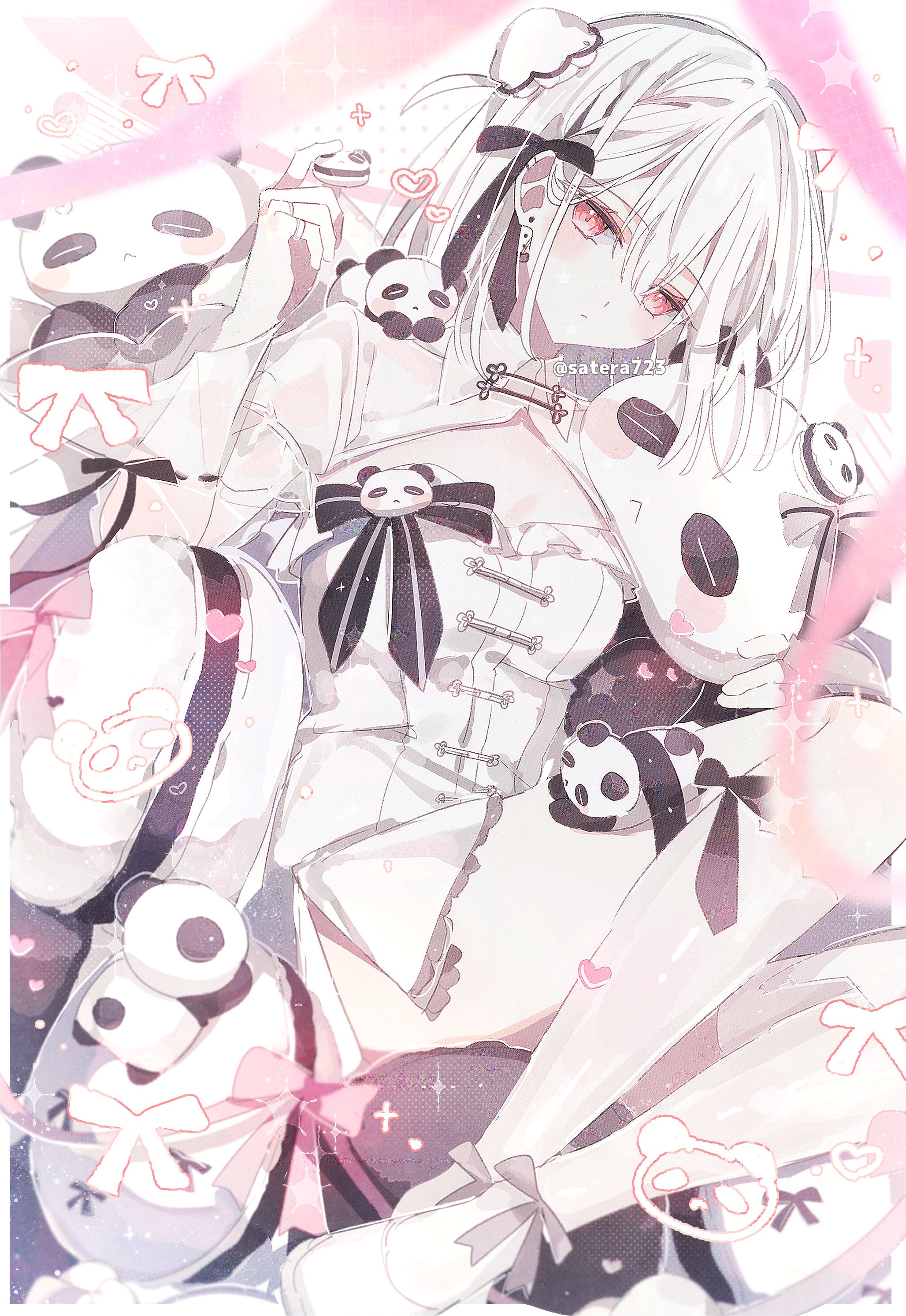 yakinikusakoku, original, absurdres, highres, 1girl, black bow, blurry, blurry foreground, bow, breast cutout, breasts, collared dress, dress, hair between eyes, hair bow, heart, long sleeves, looking at viewer, medium breasts, medium hair, panda, pink bow, pink eyes, pink ribbon, ribbon, see-through clothes, see-through sleeves, thighhighs, thighs, white hair, white thighhighs