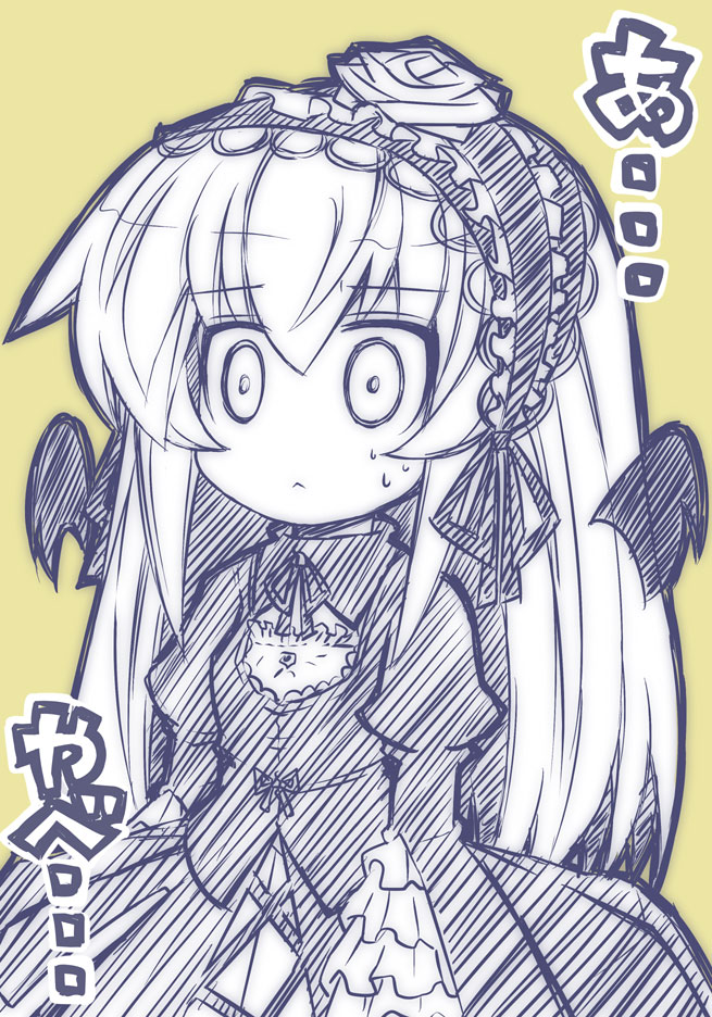 crazy developers, suigintou, rozen maiden, bad id, bad pixiv id, 00s, 1girl, :<, blue theme, chibi, dress, female focus, frills, hairband, long hair, monochrome, simple background, solo, wings, yellow background