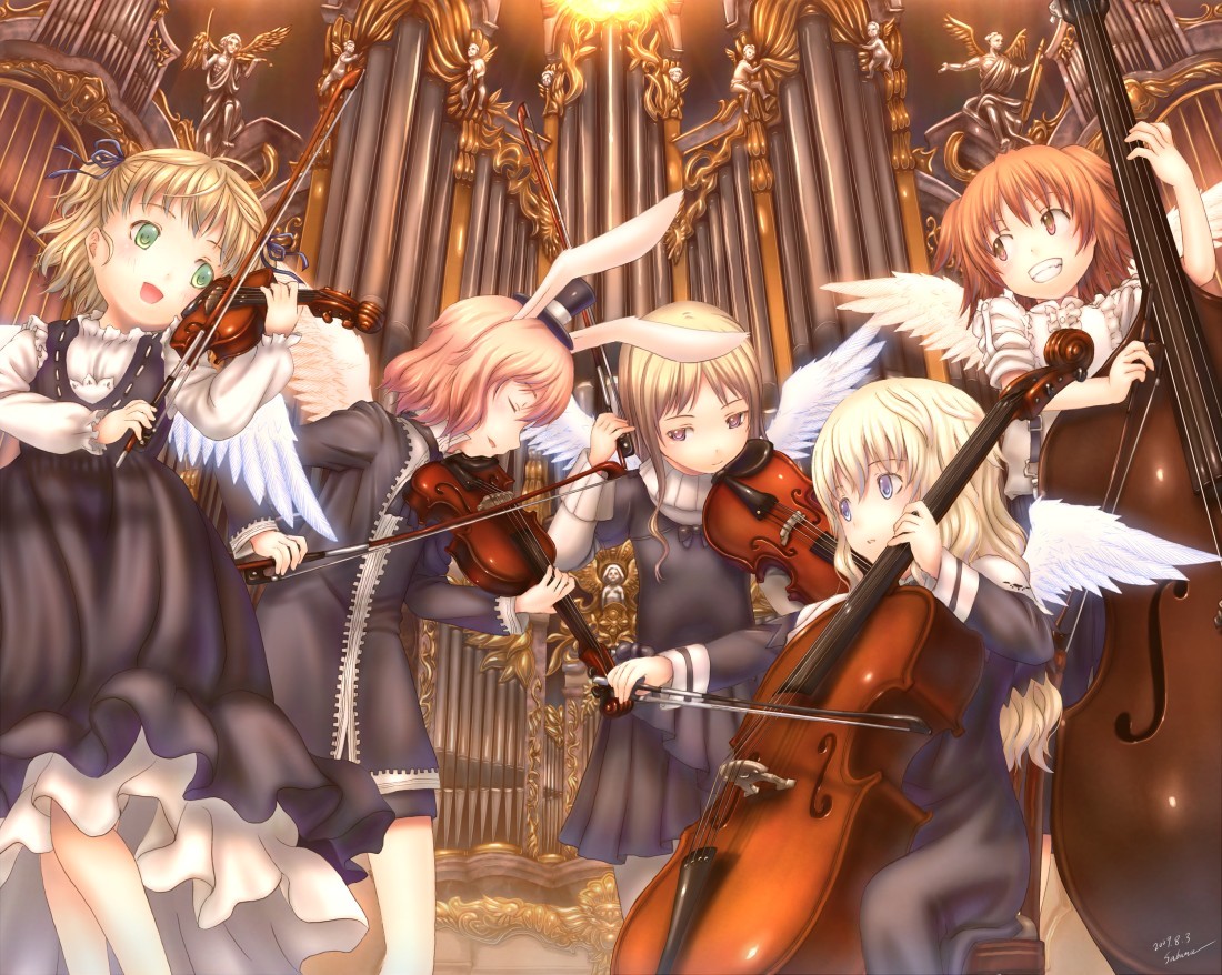 sabamu, original, 5girls, blonde hair, blue eyes, brown eyes, cello, closed eyes, double bass, dress, green eyes, hair ribbon, hat, instrument, mini hat, mini top hat, multiple girls, red hair, ribbon, short hair, top hat, violin, wings