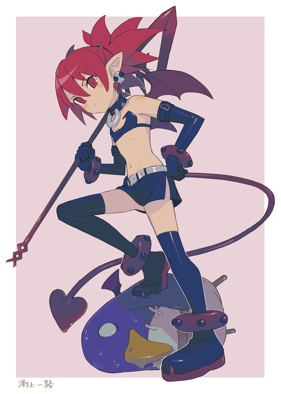ichiromi, etna (disgaea), prinny, disgaea, makai senki disgaea, highres, 1girl, boots, demon girl, demon tail, earrings, elbow gloves, elder spear, flat chest, full body, gloves, jewelry, looking at viewer, miniskirt, pointy ears, red eyes, red hair, skirt, skull earrings, tail, thigh boots, thighhighs