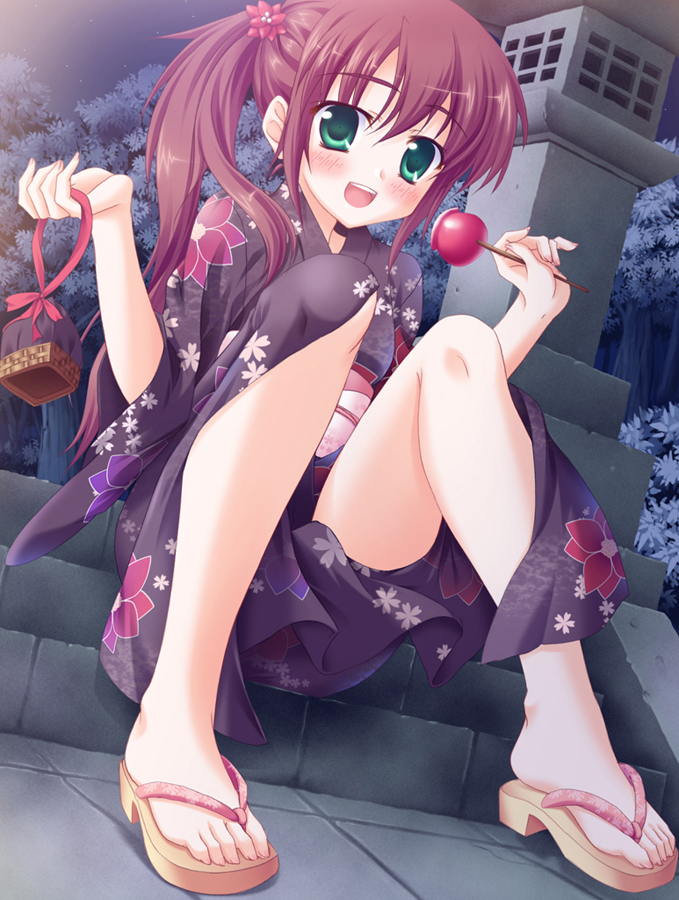 yuurei yashiki, original, 1girl, blush, candy apple, clog sandals, dutch angle, feet, female focus, floral print, floral print kimono, food, green eyes, japanese clothes, kimono, kinchaku, legs, ponytail, pouch, print kimono, red hair, sandals, sitting, sitting on stairs, solo, stairs, stone lantern, toes, yukata, zouri