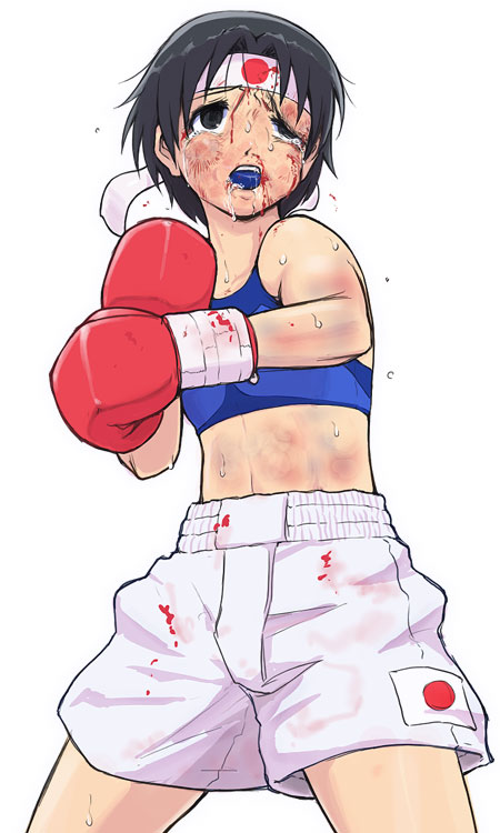 artist request, 1girl, bandana, beaten, black hair, blood, boxer, boxing, boxing gloves, bruise, female focus, injury, japan, mouth guard, short hair, shorts, solo, sports bra, standing, swollen eye