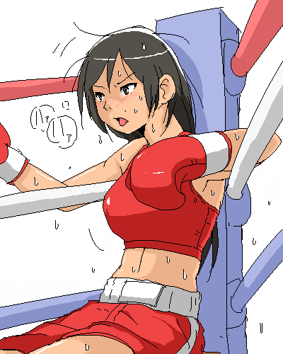 test (artist), lowres, 1girl, black hair, boxing, boxing gloves, boxing ring, female focus, long hair, midriff, open mouth, playing sports, red theme, shorts, sitting, solo, sports bra, sweat, tongue