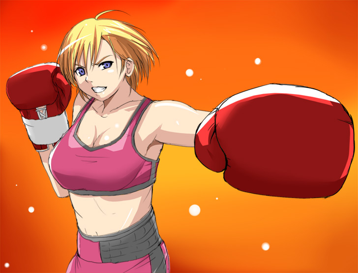 test (artist), 1girl, blonde hair, boxer, boxing, boxing gloves, female focus, grin, midriff, pink theme, playing sports, purple eyes, short hair, shorts, smile, solo, sports bra, sportswear, teeth