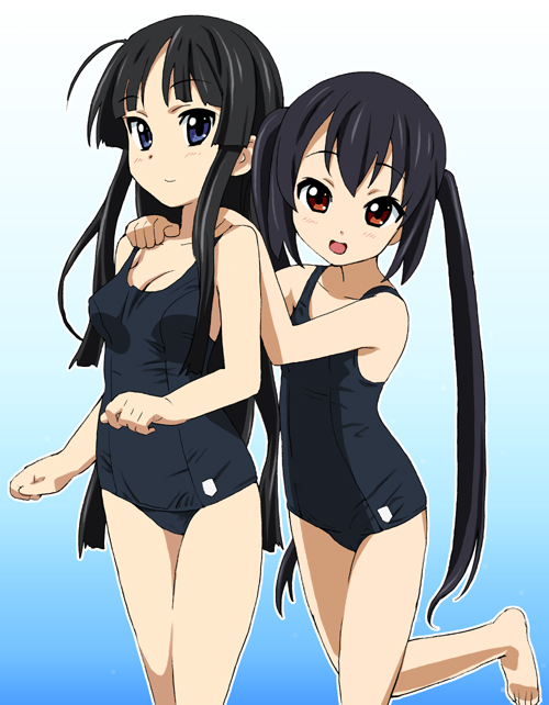 homing (areya), akiyama mio, nakano azusa, k-on!, 00s, 2girls, barefoot, black hair, black one-piece swimsuit, blue eyes, blunt bangs, breasts, brown eyes, child, cleavage, flat chest, hime cut, long hair, multiple girls, one-piece swimsuit, school swimsuit, swimsuit, twintails