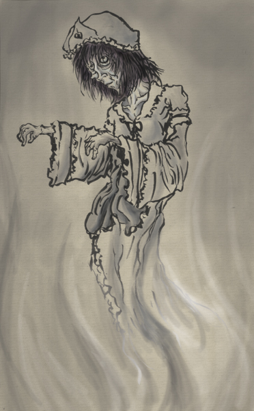 norio minami, saigyouji yuyuko, touhou, 1girl, female focus, fine art parody, ghost, monochrome, nihonga, parody, solo, ukiyo-e, wrinkled skin