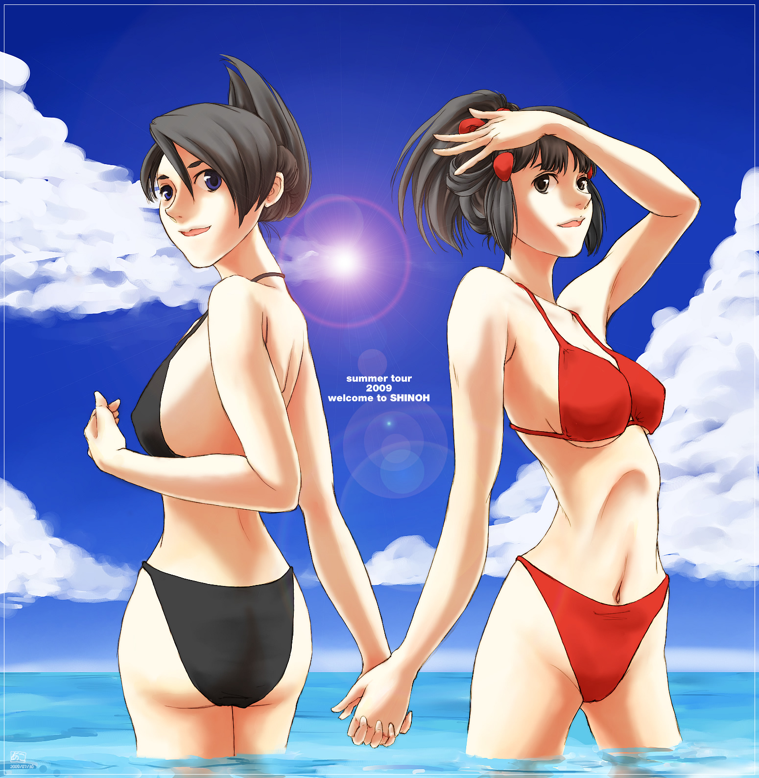 akosan, dawn (pokemon), marley (pokemon), nintendo, pokemon, pokemon dppt, highres, 00s, 2girls, alternate costume, back, bad anatomy, bad hands, beach, bikini, black bikini, black hair, blue eyes, cloud, cowboy shot, dated, day, english text, green eyes, hair between eyes, half updo, halterneck, high ponytail, highleg, highleg bikini, holding hands, interlocked fingers, legs apart, legs together, lens flare, multiple girls, narrow waist, ocean, outdoors, parted bangs, partially submerged, ponytail, red bikini, scoop bikini bottom, short ponytail, sky, standing, swept bangs, swimsuit, wading, water, wide hips