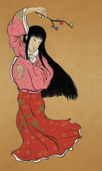norio minami, houraisan kaguya, touhou, 1girl, branch, female focus, fine art parody, jeweled branch of hourai, nihonga, parody, solo, ukiyo-e