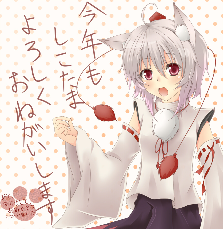 tokijiro, inubashiri momiji, touhou, silver hair, bad id, bad pixiv id, translation request, 1girl, animal ears, detached sleeves, female focus, hat, red eyes, short hair, solo, tokin hat, wolf ears