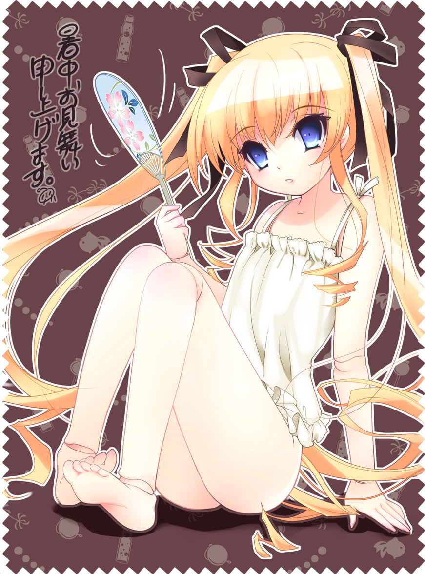 room603, shinku, rozen maiden, 00s, 1girl, barefoot, blonde hair, blue eyes, bottomless, camisole, doll joints, drill hair, feet, female focus, hair ribbon, hand fan, joints, long hair, ribbon, shochuumimai, solo, twintails, very long hair