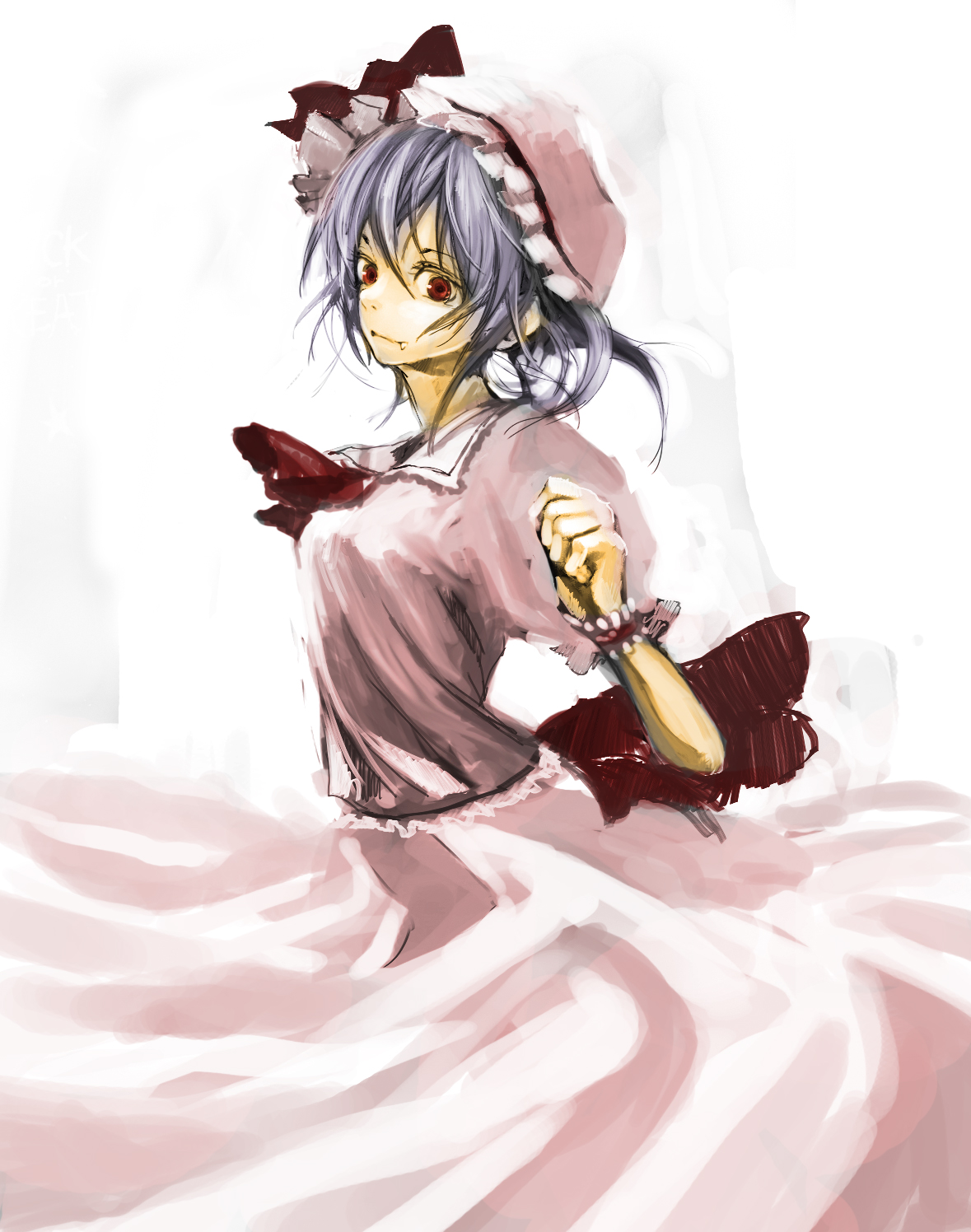 katou taira, remilia scarlet, touhou, bad id, bad pixiv id, highres, 1girl, blue hair, fang, fang out, fangs, female focus, hat, mob cap, pink hat, red eyes, simple background, solo, standing, white background