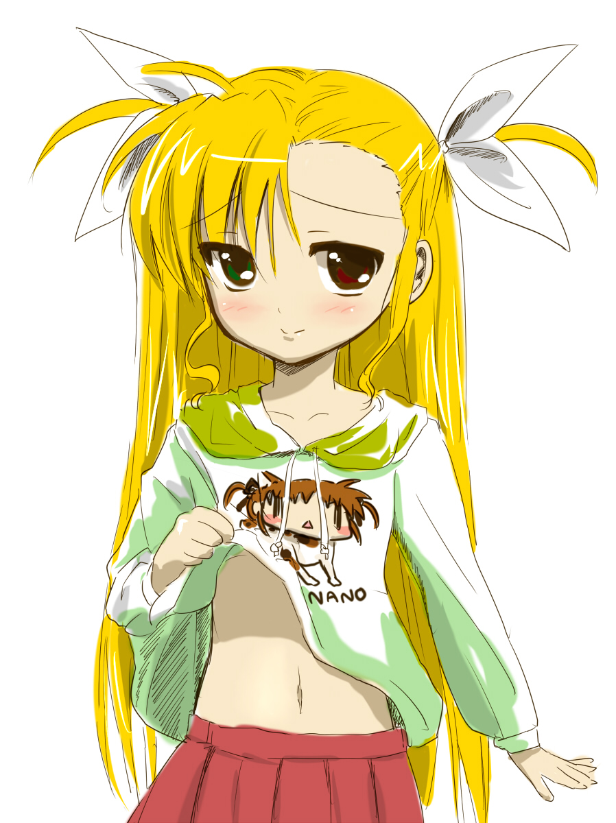 kohinore, vivio, lyrical nanoha, mahou shoujo lyrical nanoha, bad id, bad pixiv id, highres, 00s, 1girl, blonde hair, clothes lift, female focus, hair ribbon, heterochromia, hood, hoodie, loli, long hair, navel, ribbon, shirt lift, short twintails, solo, twintails, two side up, very long hair