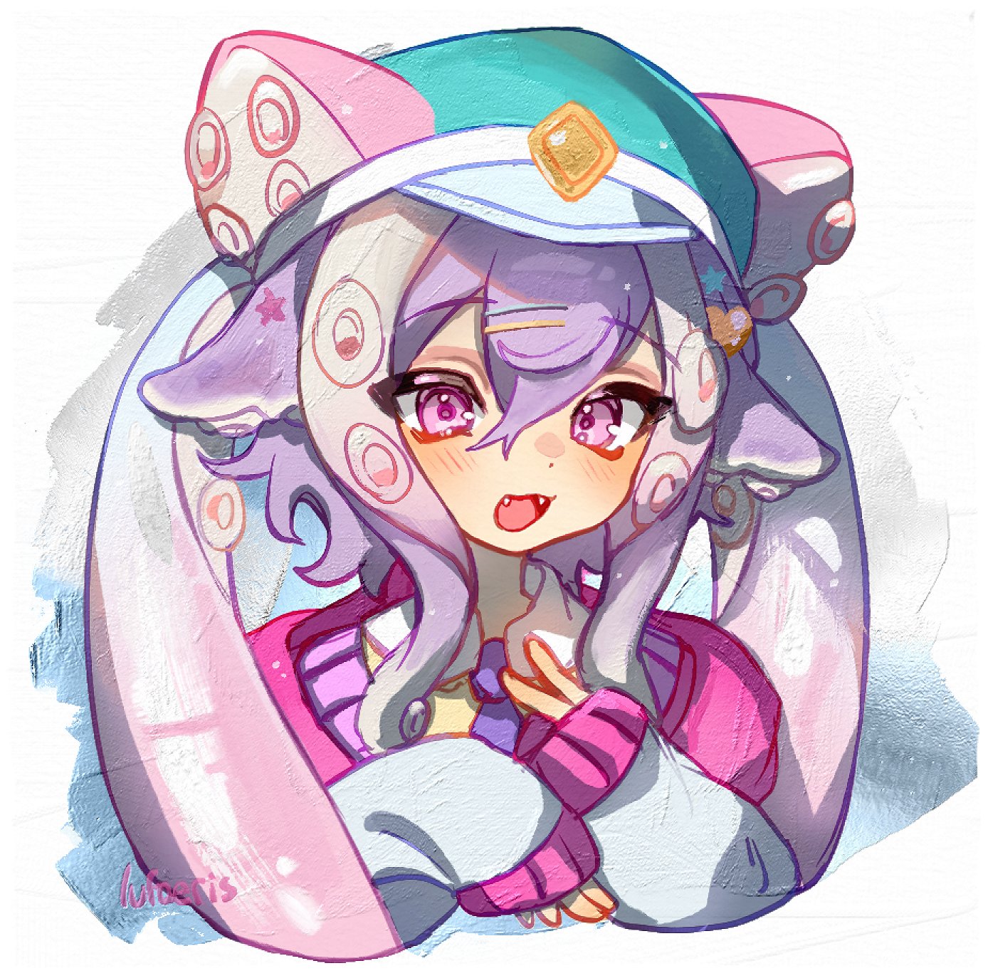 cloud (lufaeris), original, highres, 1girl, animal ears, aqua hat, blush, cropped shoulders, double-parted bangs, fangs, hair between eyes, hair ornament, hairclip, hands up, hat, jacket, long hair, long sleeves, looking at viewer, open mouth, parallel hairclips, pink eyes, pink jacket, purple hair, sleeves past wrists, smile, solo, tentacle hair, v