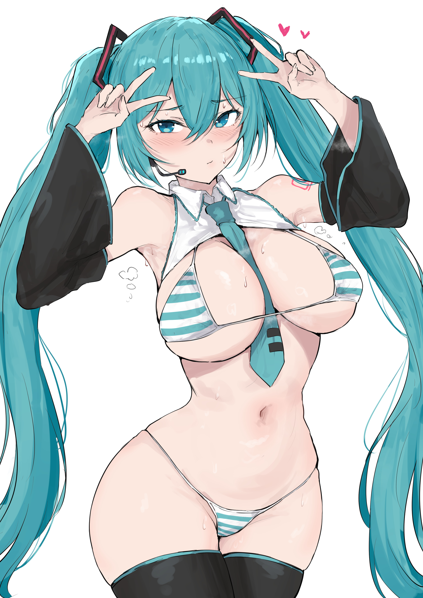 sakiya (sak1 01), hatsune miku, vocaloid, highres, revision, 1girl, alternate breast size (larger), aqua hair, arm tattoo, between breasts, bikini, black thighhighs, blue eyes, breasts, cowboy shot, curvy, detached sleeves, double v, heart, large breasts, long hair, looking at viewer, micro bikini, microphone, navel, necktie, necktie between breasts, simple background, solo, stomach, striped bikini, striped clothes, sweat, swimsuit, tattoo, thighhighs, thighs, v, very long hair, white background