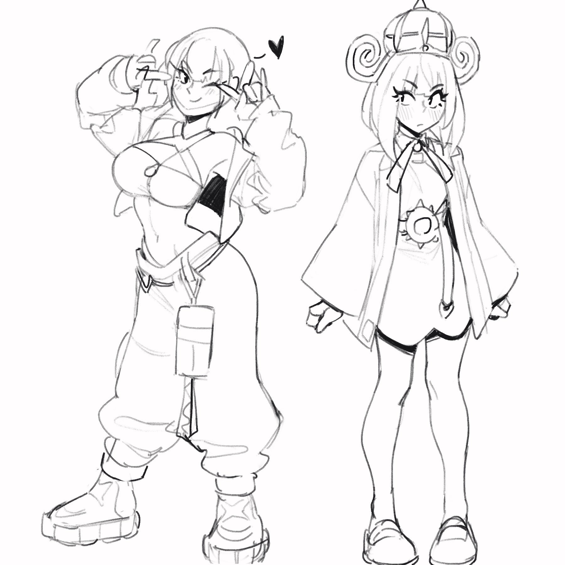 rob ishi, canari (pokemon), gwynn (pokemon), nintendo, pokemon, pokemon legends: z-a, highres, 2girls, ;), blush, breasts, greyscale, hair ornament, hands up, heart, jacket, large breasts, long sleeves, medium hair, monochrome, multiple girls, navel, one eye closed, open clothes, open jacket, pants, shoes, sketch, smile, standing, stomach, twintails