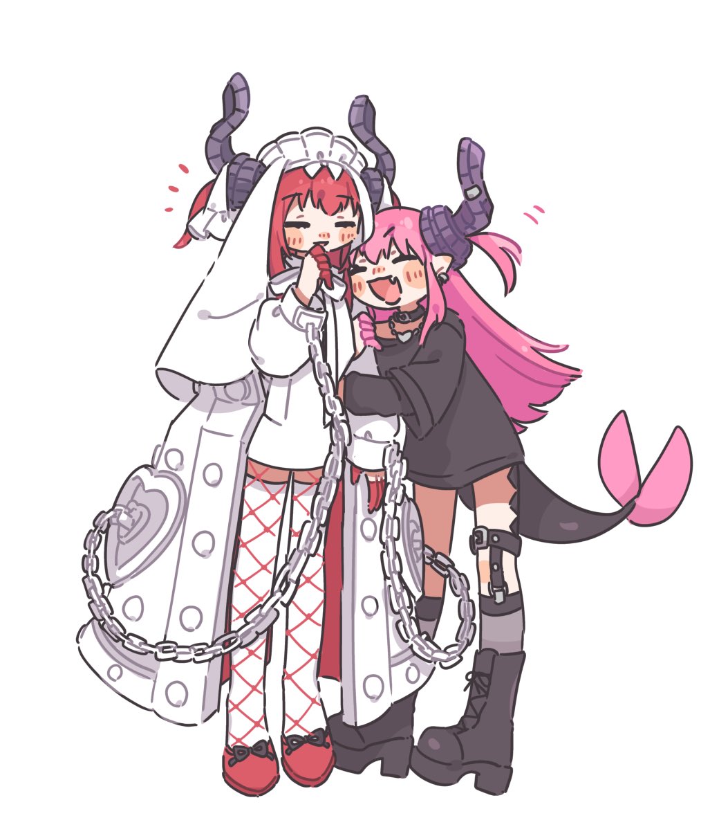 anko omotimoti, elizabeth bathory (fate), elizabeth bathory (perfect) (fate), elizabeth bathory (perfect) (first ascension) (fate), elizabeth of the end (fate), fate/grand order, fate (series), commentary, 2girls, adoptive parent and adoptive child, arm at side, arm hug, black arm warmers, black boots, black collar, black horns, black shirt, black socks, black tail, blush stickers, boots, chain, closed eyes, collar, colored fingertips, cuffs, curled horns, dragon girl, dragon horns, dragon tail, dress, earrings, fang, fishnet pantyhose, fishnets, full body, hand up, heart pendant, horn piercing, horns, iron maiden, jewelry, kneehighs, lace-up boots, laughing, legwear garter, long hair, mother and daughter, multiple girls, no pants, open mouth, pantyhose, parted lips, pink hair, pointy ears, purple horns, red hair, red shoes, shackles, shirt, shoes, short sleeves, side-by-side, simple background, single legwear garter, skin fang, smile, socks, standing, t-shirt, tail, thighhighs, thighhighs under pantyhose, two side up, veil, white background, white dress, white headdress, white thighhighs, white veil