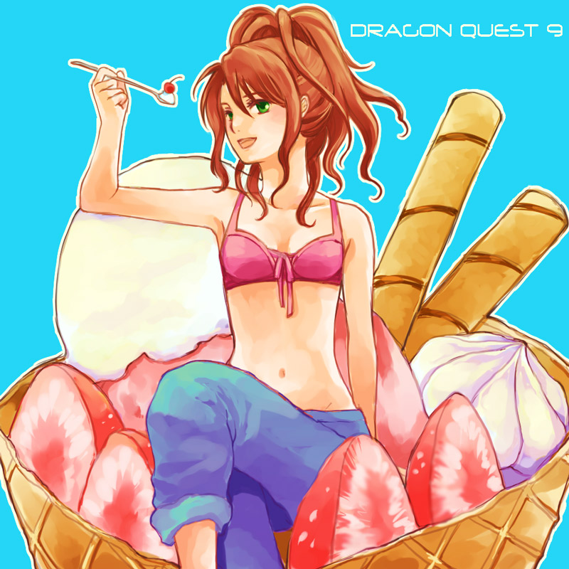 yukaris, heroine (dq9), dragon quest, dragon quest ix, level-5, bikini, bikini top only, brown hair, food, green eyes, midriff, open mouth, pink bikini, ponytail, smile, solo, spoon, swimsuit