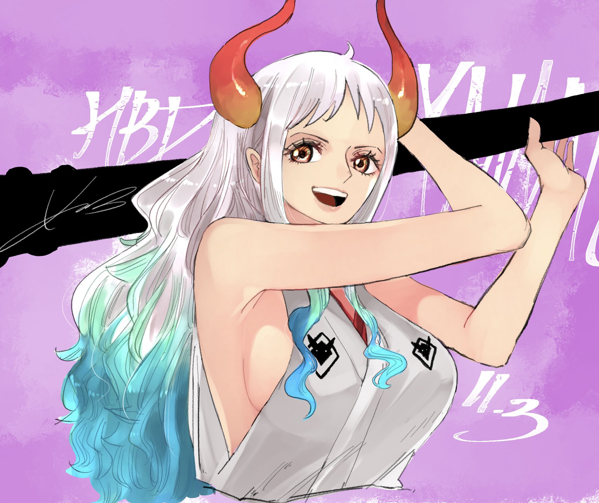 kamat 73, yamato (one piece), one piece, hashtag-only commentary, highres, 1girl, aqua hair, breasts, character name, club, club (weapon), eyelashes, happy birthday, holding, holding weapon, horns, japanese clothes, kanabou, kimono, long hair, open mouth, orange eyes, purple background, sideboob, sidelocks, signature, sleeveless, sleeveless kimono, solo, weapon, white hair, white kimono