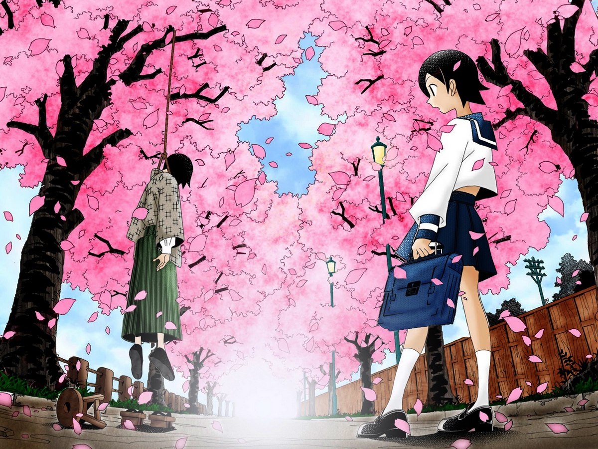 fuura kafuka, itoshiki nozomu, sayonara zetsubou sensei, cherry blossoms, hanging, school uniform, suicide