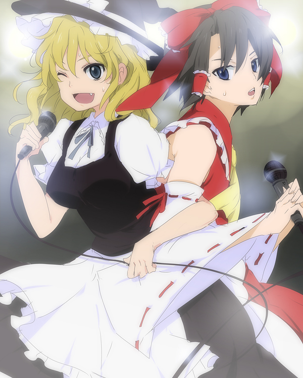 kl (dgzonbi), hakurei reimu, kanon (umineko), kirisame marisa, ushiromiya jessica, touhou, turn of the golden witch, umineko no naku koro ni, 1boy, 1girl, black hair, blonde hair, blue eyes, cosplay, crossdressing, fang, hakurei reimu (cosplay), kirisame marisa (cosplay), microphone, music, one eye closed, singing, trap, wink