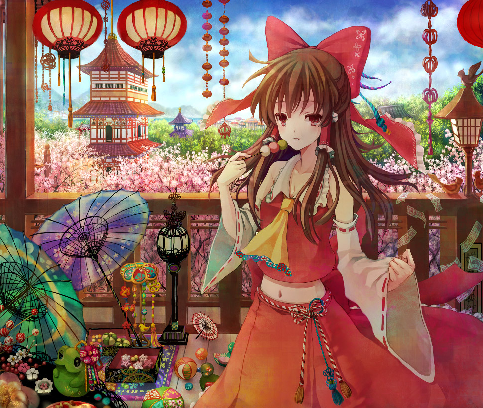 anko kinako, hakurei reimu, touhou, md5 mismatch, 1girl, architecture, ball, bow, brown hair, building, cherry blossoms, colorful, dango, detached sleeves, east asian architecture, embellished costume, female focus, food, frills, hair bow, japanese clothes, lantern, midriff, miko, navel, oil-paper umbrella, pagoda, paper lantern, red eyes, sanshoku dango, scenery, short hair, skewer, solo, tassel, temari ball, umbrella, wagashi