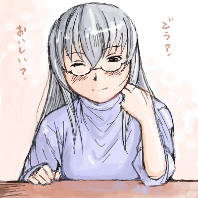 tsuda nanafushi, suigintou, rozen maiden, silver hair, lowres, translated, 00s, aged up, casual, glasses, one eye closed, red eyes, solo, wink