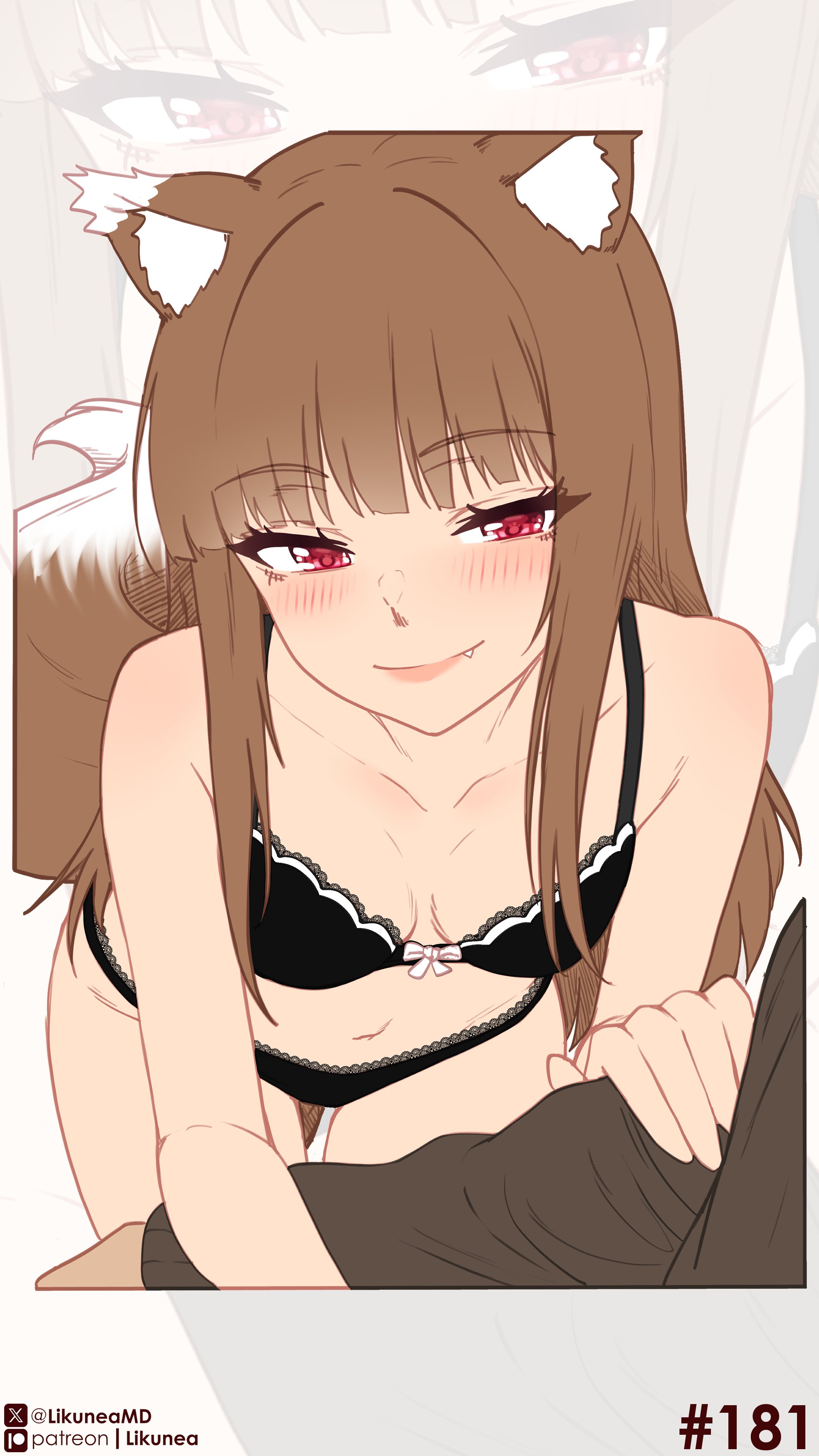 likunea, holo, spice and wolf, absurdres, commentary, english commentary, highres, 1girl, animal ears, black bra, black panties, blush, bra, breasts, brown hair, cleavage, closed mouth, fang, long hair, looking at viewer, medium breasts, panties, patreon logo, patreon username, red eyes, revealing clothes, simple background, smile, solo, solo focus, tail, twitter username, twitter x logo, underwear, underwear only, wolf ears, wolf girl, wolf tail, zoom layer