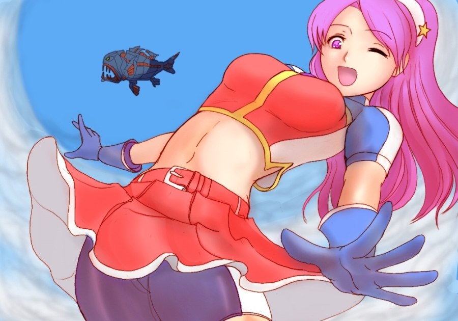 asamiya athena, storm causer, darius (series), darius gaiden, snk, taito, the king of fighters, the king of fighters 2002, 1girl, battleship, belt, bike shorts, breasts, crossover, female focus, fish, gloves, hair ornament, hairband, long hair, mecha, medium breasts, midriff, military, military vehicle, miniskirt, navel, non-humanoid robot, one eye closed, purple eyes, purple hair, robot, robot animal, robot fish, ship, skirt, solo, star (symbol), star hair ornament, warship, watercraft, wink