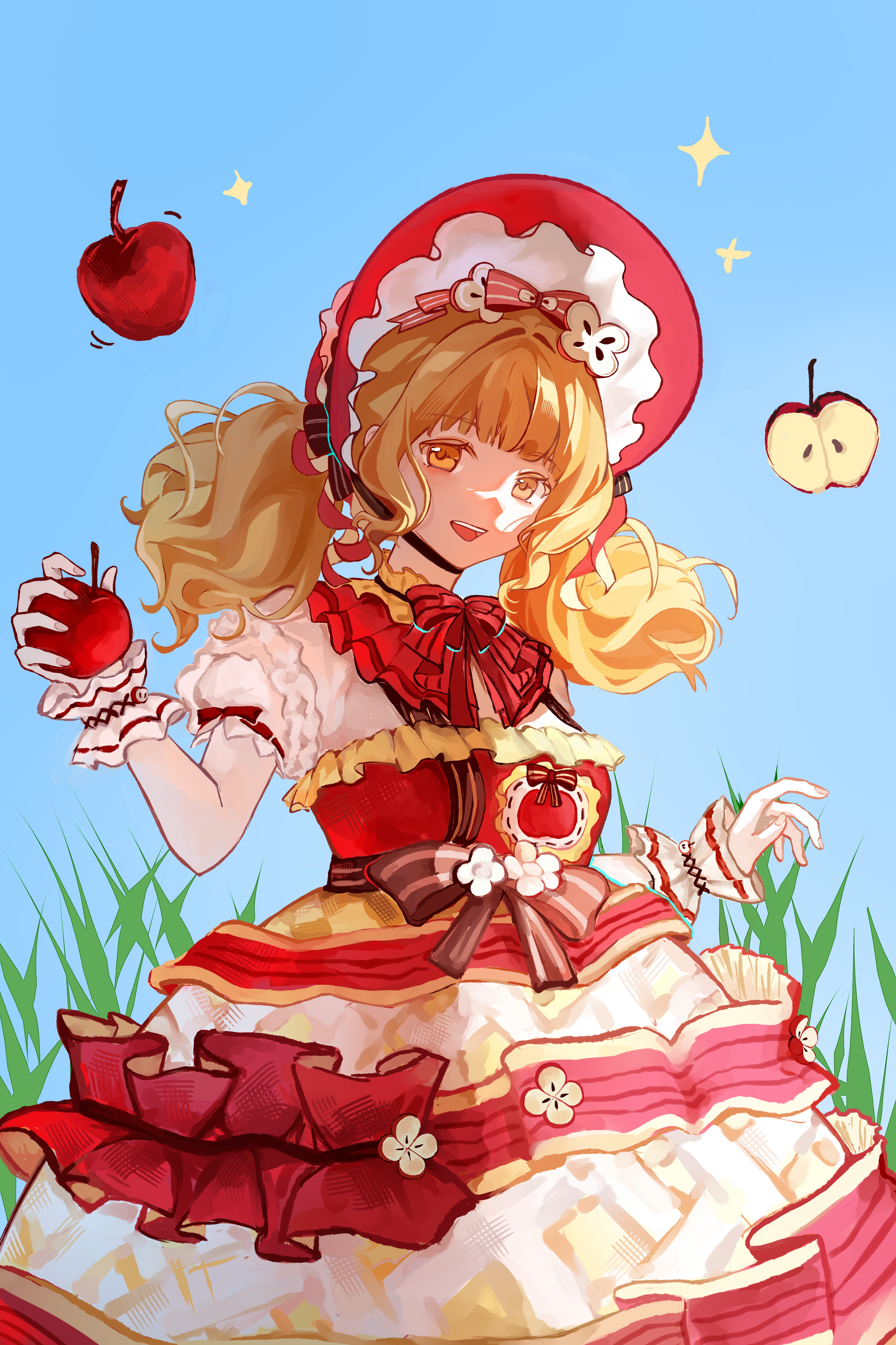 infinity nikki, nikki (series), absurdres, chinese commentary, commentary request, highres, 1girl, apple, apple slice, black bow, black choker, blonde hair, blue sky, bonnet, bow, bow choker, bowtie, capelet, choker, cowboy shot, day, dress, food, food-themed clothes, food-themed hair ornament, frilled choker, frilled dress, frilled headwear, frilled shirt, frilled sleeves, frilled wrist cuffs, frills, fruit, gloves, grass, hair bow, hair ornament, happy, hat, hat bow, holding, holding food, holding fruit, looking at viewer, low twintails, medium hair, motion lines, open mouth, outdoors, pinafore dress, print dress, puffy short sleeves, puffy sleeves, red bonnet, red bow, red bowtie, red capelet, red dress, ribbon-trimmed sleeves, ribbon trim, shirt, short sleeves, short twintails, sky, sleeve bow, sleeveless, sleeveless dress, smile, solo, sparkle, standing, striped bow, striped bowtie, striped clothes, striped dress, sweet memories (infinity nikki), teeth, twintails, two-tone dress, upper teeth only, waist bow, wavy hair, white gloves, white shirt, white wrist cuffs, wrist cuffs, yellow dress, yellow eyes, yoyan