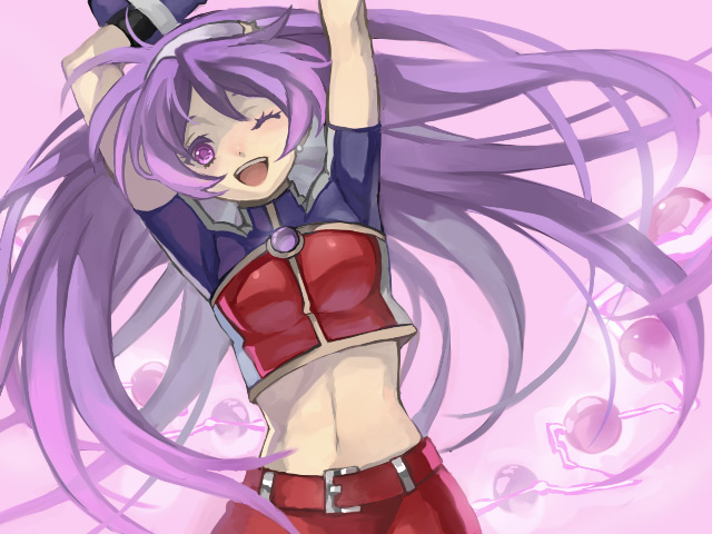 yukiya, asamiya athena, snk, the king of fighters, the king of fighters 2002, 1girl, arms up, belt, female focus, gloves, hairband, long hair, midriff, miniskirt, navel, one eye closed, purple eyes, purple hair, skirt, solo, wink