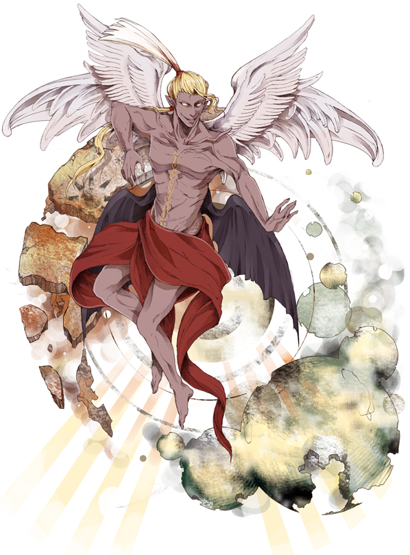 sotohara, cefca palazzo, final fantasy, final fantasy vi, 1990s (style), 1boy, angel wings, blonde hair, demon wings, flying, male focus, solo, topless male, wings