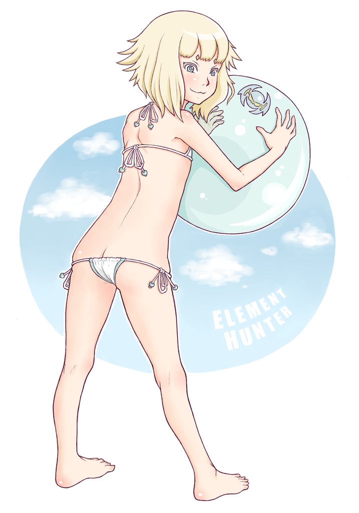 a kun, juno (element hunters), element hunters, 00s, 1girl, :3, ass, back, ball, barefoot, beachball, bikini, blonde hair, blue eyes, day, feet, female focus, flat chest, loli, short hair, sky, smile, solo, swimsuit, white bikini