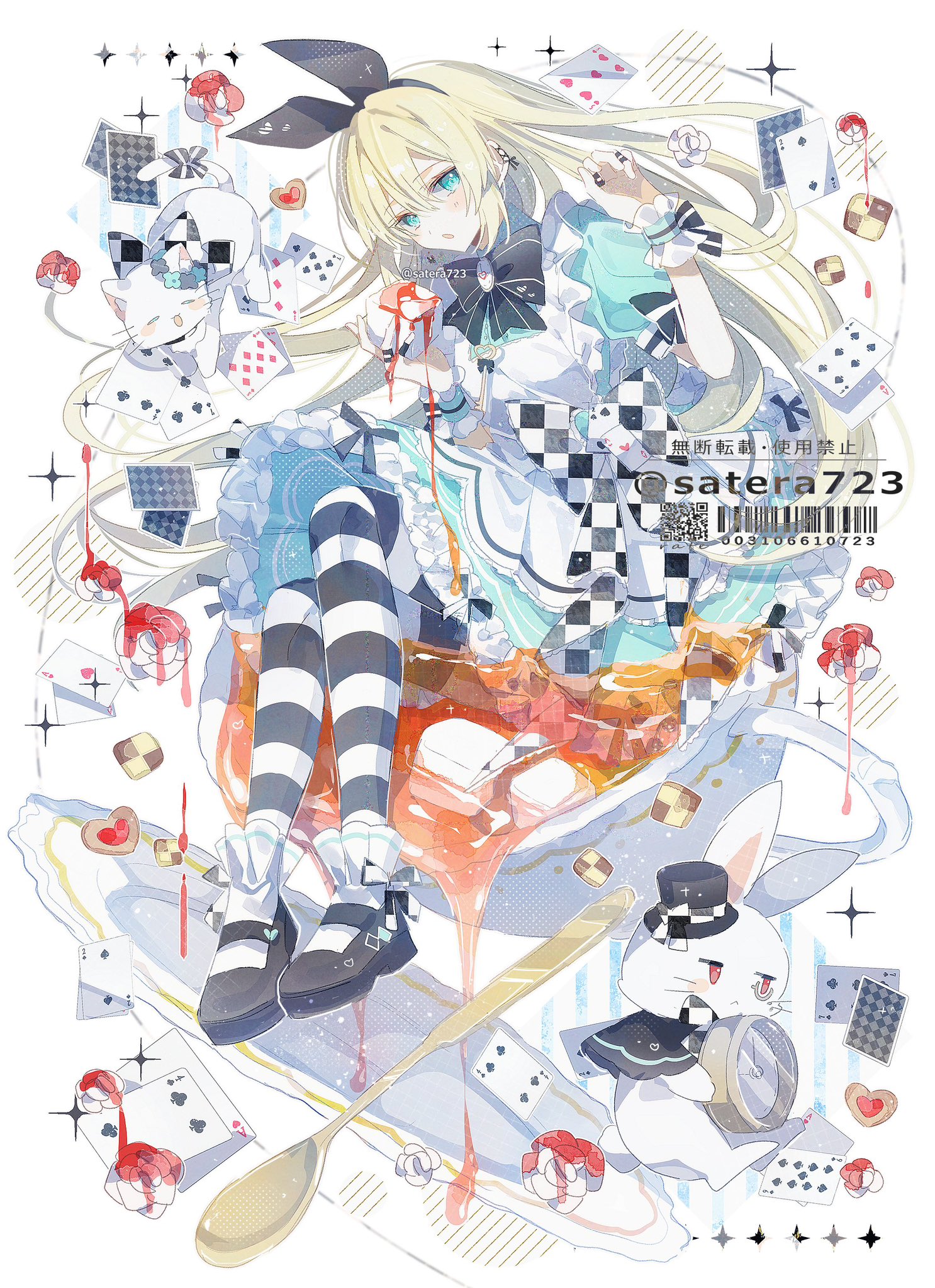 yakinikusakoku, alice (alice in wonderland), alice's adventures in wonderland, highres, 1girl, apron, aqua dress, aqua eyes, black bow, blonde hair, blush, bow, card, cat, checkered bow, checkered clothes, cookie, cup, dress, dripping, food, frilled wristband, hair between eyes, hand up, long hair, looking at viewer, mary janes, parted lips, playing card, shoes, socks, spoon, straight hair, striped clothes, striped socks, teacup, white apron, white background, white cat, white rabbit (animal)