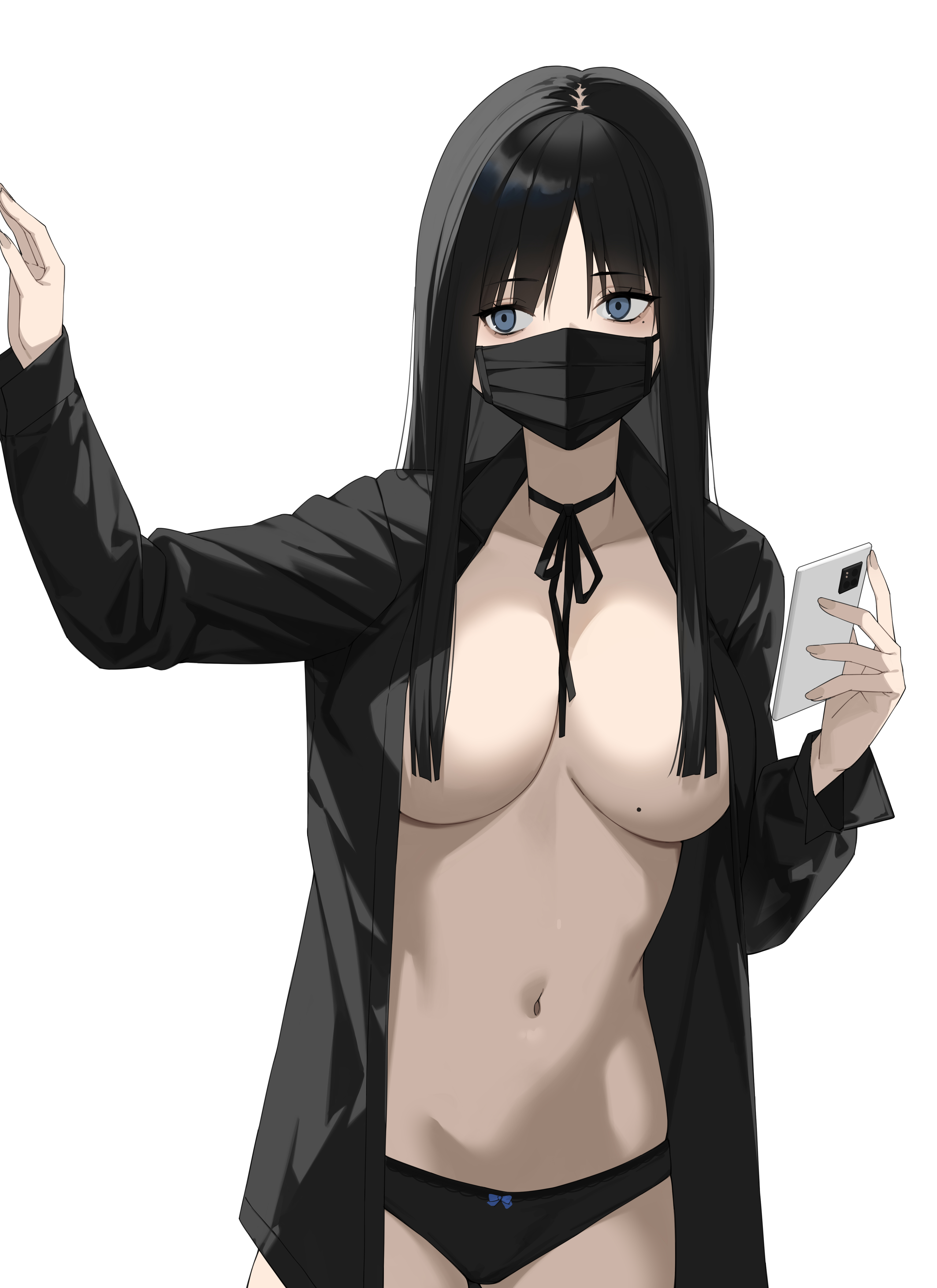 yykuaixian, original, absurdres, highres, 1girl, arm up, black bow, black bowtie, black choker, black hair, black jacket, black panties, blue dress, blue eyes, bow, bowtie, breasts, cellphone, choker, cleavage, convenient censoring, cowboy shot, dress, hair censor, hair over breasts, holding, holding phone, jacket, large breasts, long hair, long sleeves, looking to the side, mask, mole, mole on breast, mole under eye, mouth mask, navel, neck ribbon, no bra, open clothes, open jacket, panties, phone, ribbon, sidelocks, simple background, smartphone, solo, underwear, white background