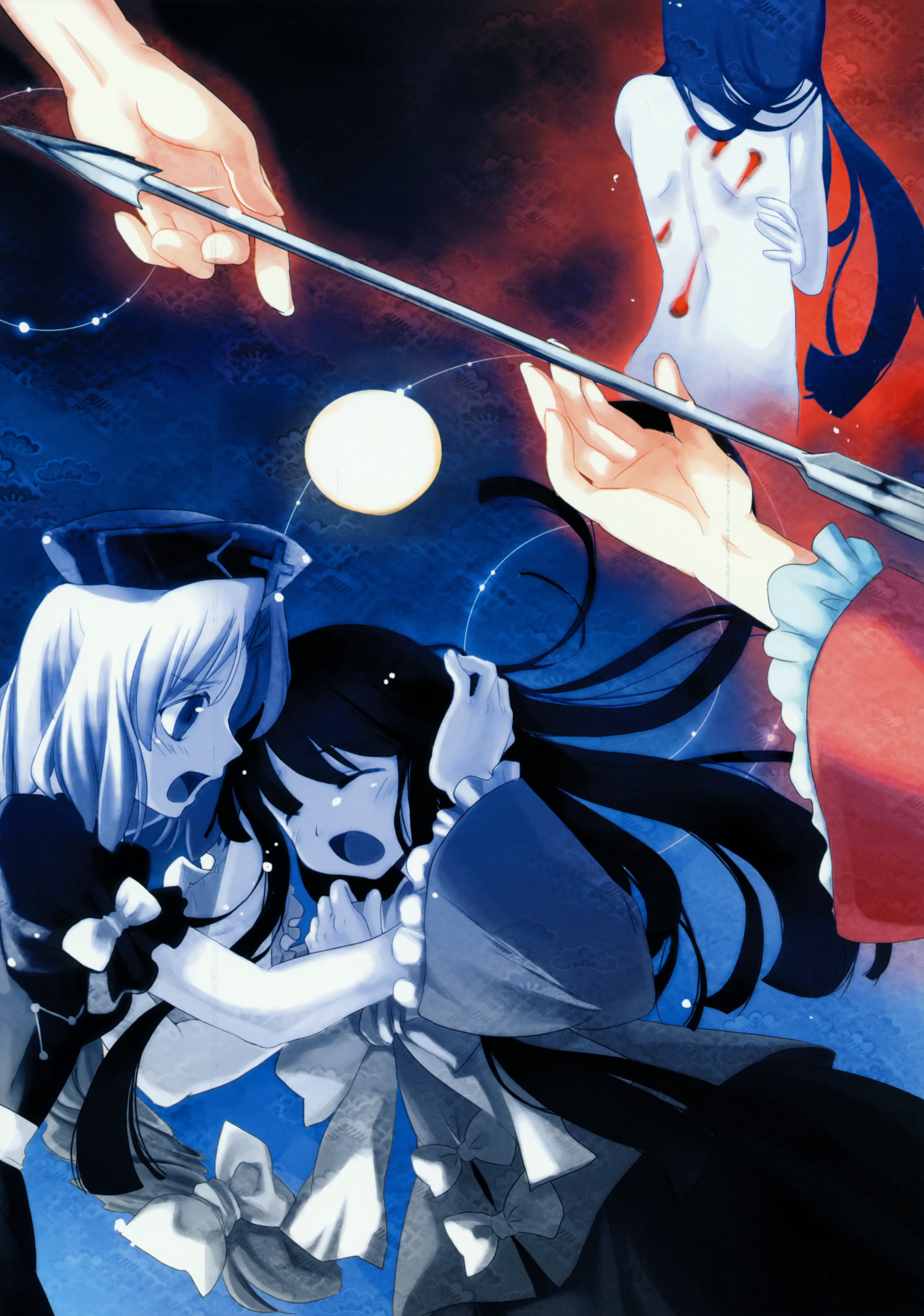 cat.lqe, catlqe, hakoiri nekohime, houraisan kaguya, yagokoro eirin, touhou, absurdres, highres, huge filesize, scan, scan artifacts, 2girls, arrow (projectile), blood, braid, female focus, hat, injury, long hair, moon, multiple girls, nude