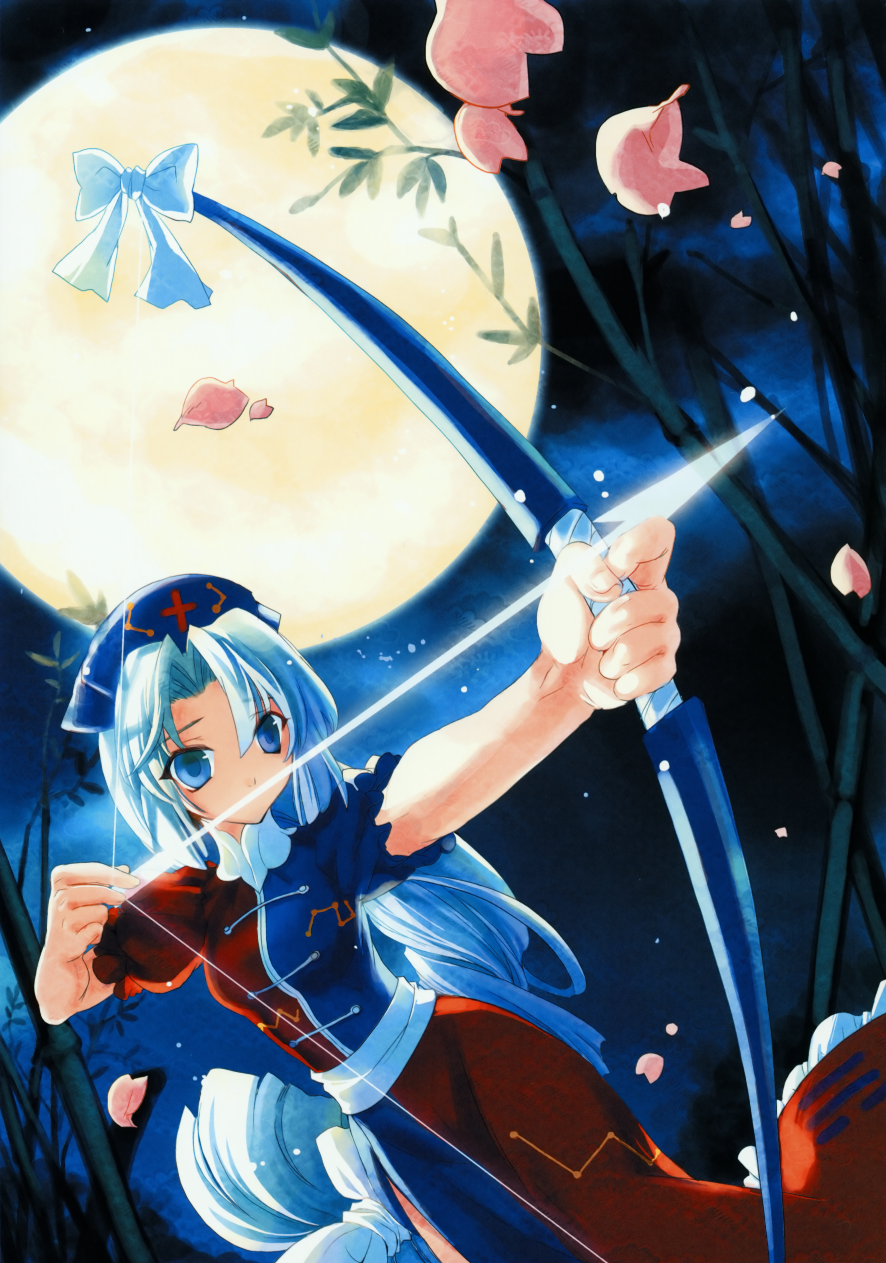 cat.lqe, catlqe, hakoiri nekohime, yagokoro eirin, touhou, silver hair, absurdres, highres, huge filesize, 1girl, arrow (projectile), bamboo, bamboo forest, blue eyes, bow (weapon), female focus, forest, hat, long hair, moon, nature, petals, solo, weapon