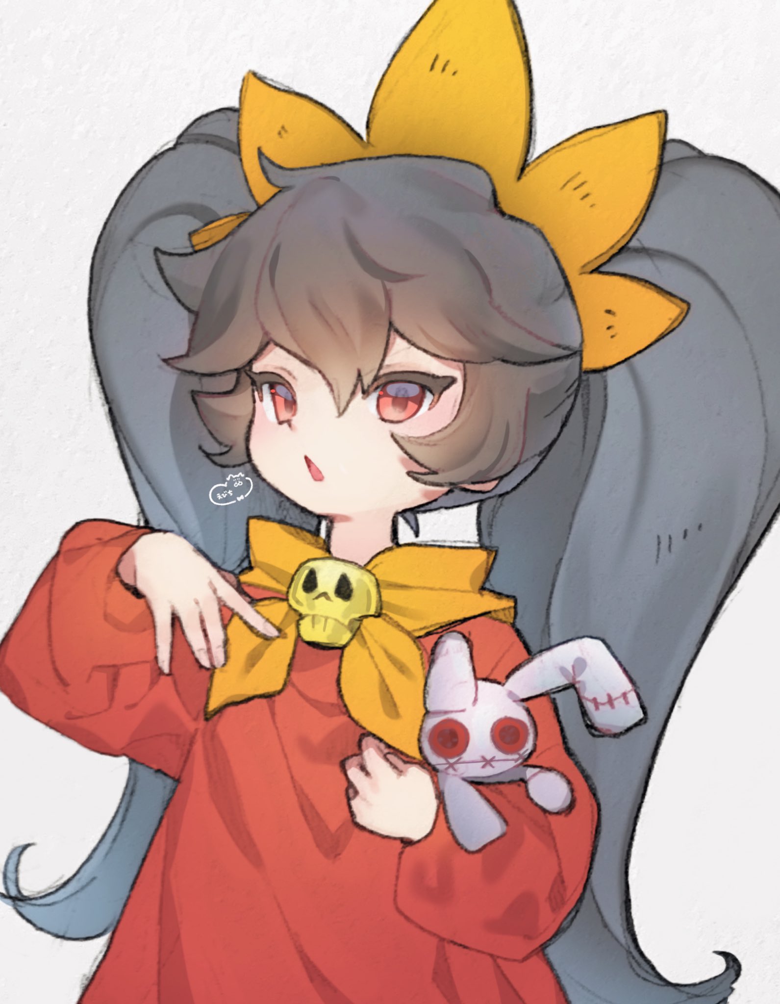 ebichi (mon600n), ashley (warioware), nintendo, warioware, highres, 1girl, :o, black hair, dress, hair between eyes, hairband, holding, holding stuffed toy, long hair, long sleeves, looking at viewer, neckerchief, open mouth, orange hairband, orange neckerchief, red dress, red eyes, skull brooch, solo, stuffed animal, stuffed rabbit, stuffed toy, twintails, very long hair, white background