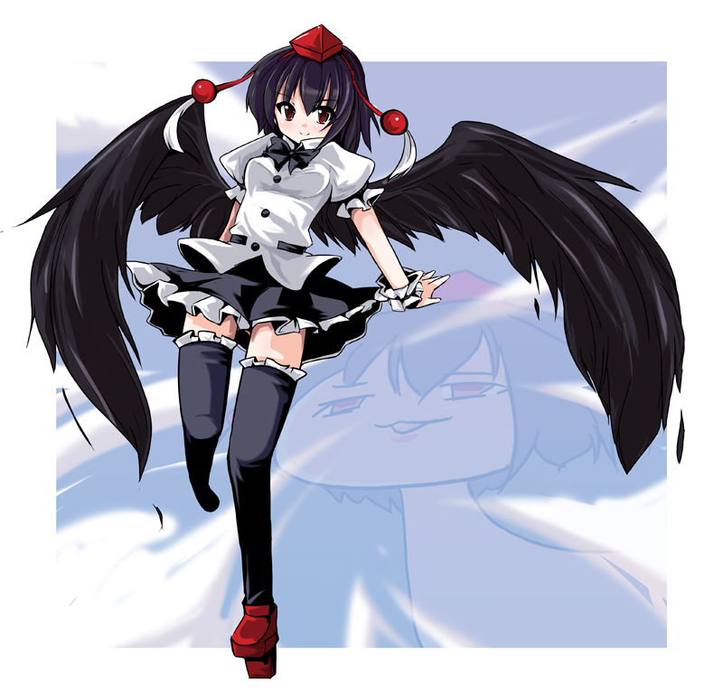 fa no hito, shameimaru aya, touhou, bad id, bad pixiv id, 1girl, black hair, black wings, female focus, geta, hat, looking at viewer, red eyes, short hair, solo, tengu-geta, thighhighs, tokin hat, wings, wrist cuffs, yukkuri shiteitte ne, zettai ryouiki