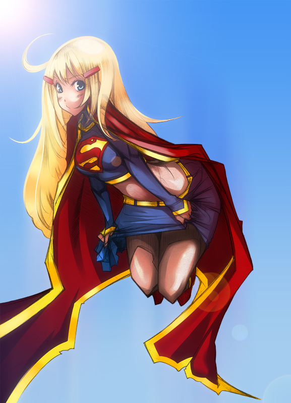 ethird, supergirl, dc comics, superman (series), 1girl, ahoge, alien, animification, belt, blonde hair, cape, clothes lift, clothes pull, female focus, flying, glaring, hair ornament, hairclip, kryptonian, long hair, long sleeves, midriff, miniskirt, red cape, s shield, skirt, skirt lift, skirt pull, solo