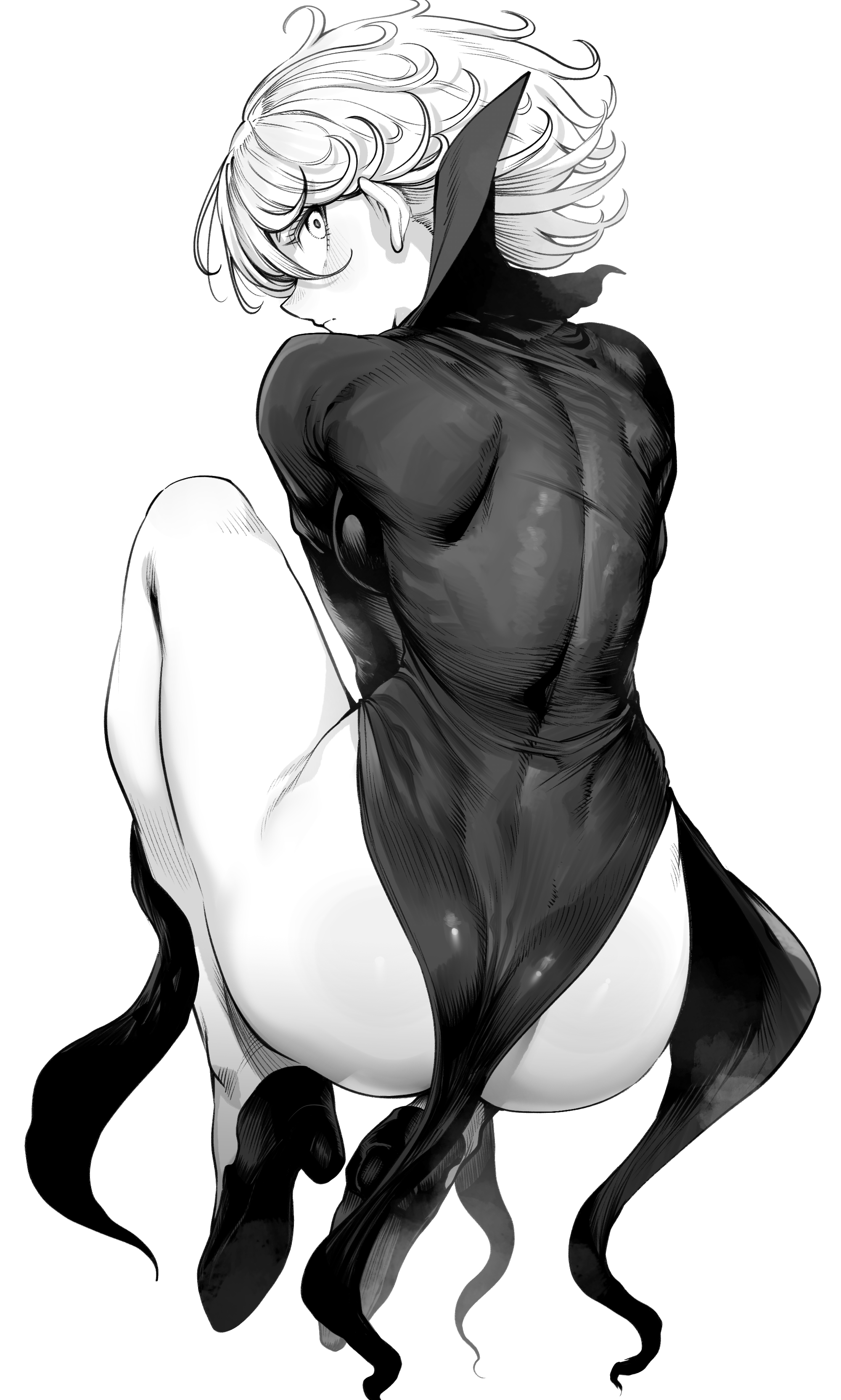 niwarhythm, tatsumaki, one-punch man, absurdres, highres, 1girl, ass, blush, breasts, closed mouth, dress, from behind, greyscale, legs, long sleeves, looking at viewer, looking back, monochrome, shoes, short hair, sideboob, simple background, small breasts, solo, thighs, white background