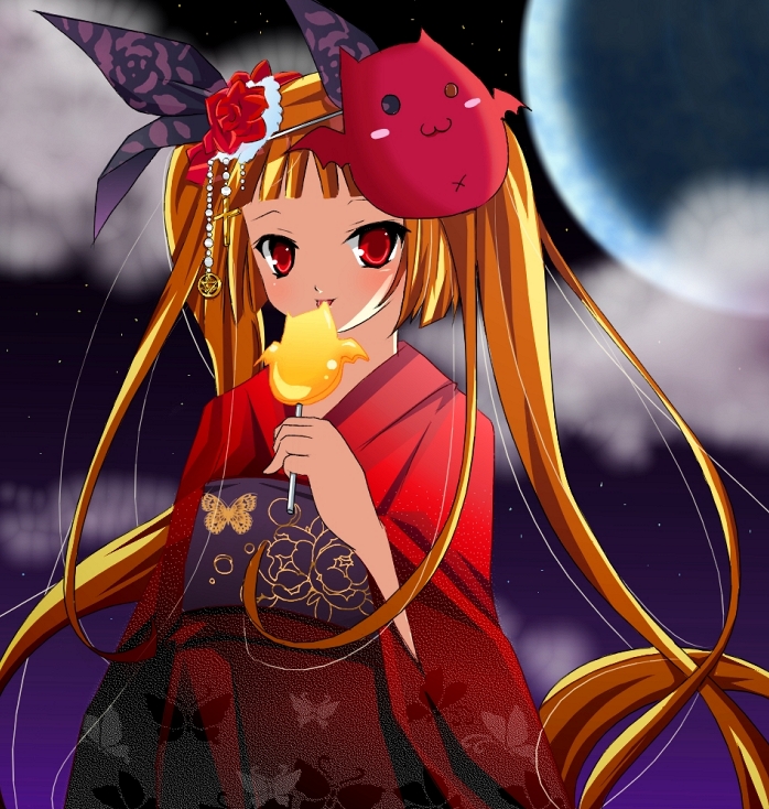 shii (niku-9), shii (pixiv), gii, rachel alucard, arc system works, blazblue, bad id, bad pixiv id, 1girl, bat (animal), female focus, fog, hair ribbon, japanese clothes, jewelry, kimono, long hair, moon, red eyes, ribbon, solo