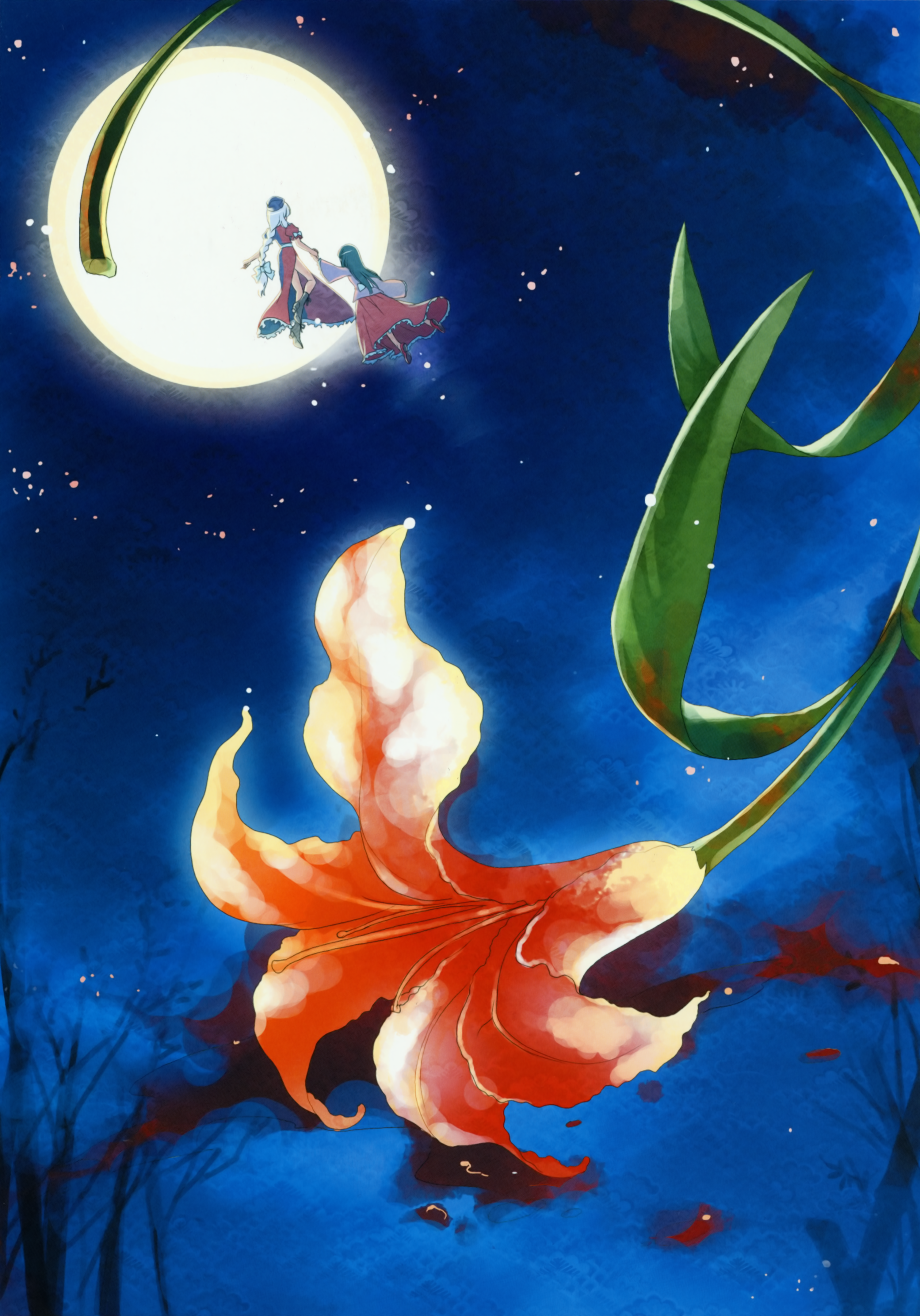 cat.lqe, catlqe, hakoiri nekohime, houraisan kaguya, yagokoro eirin, touhou, silver hair, absurdres, highres, scan, 2girls, black hair, blood, boots, braid, female focus, flower, hat, long hair, moon, multiple girls