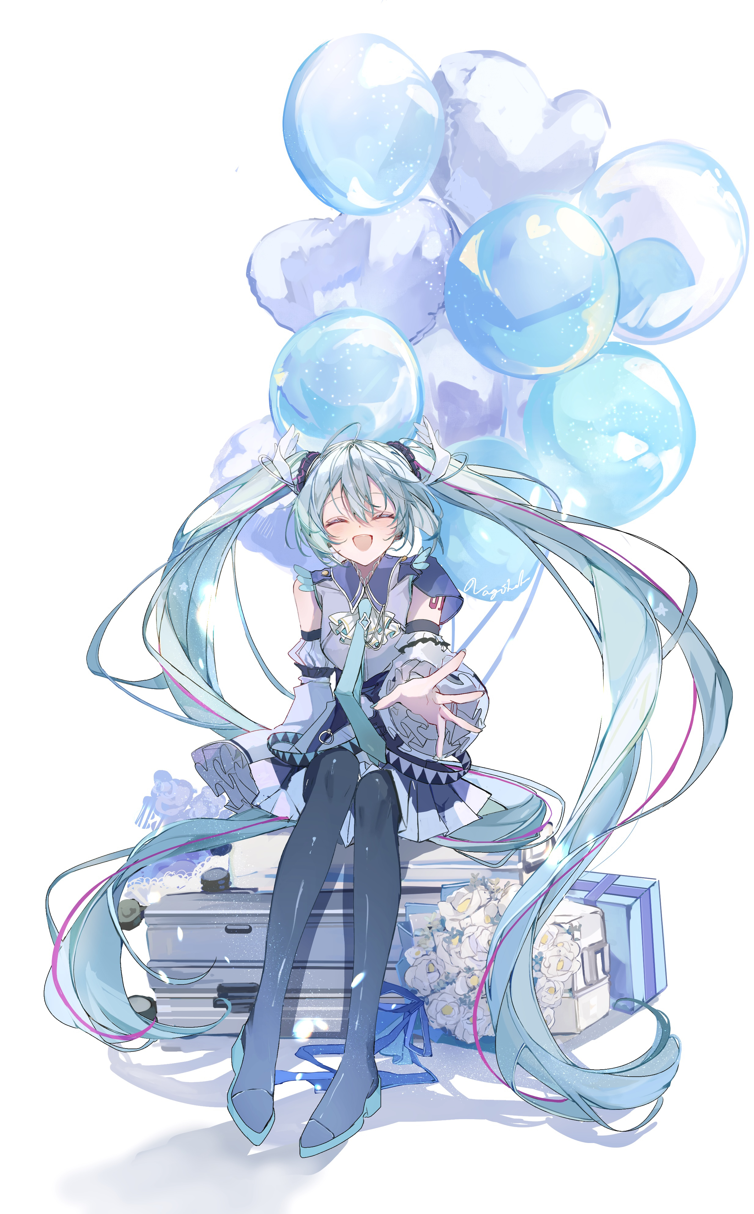 nagihaha, hatsune miku, vocaloid, absurdres, highres, 1girl, absurdly long hair, aqua hair, aqua nails, aqua necktie, arm tattoo, balloon, black pantyhose, black skirt, blush, boots, closed eyes, detached sleeves, hair between eyes, hair ornament, hair scrunchie, hatsune miku expo, long hair, long sleeves, necktie, number tattoo, open mouth, pantyhose, pleated skirt, rolling suitcase, scrunchie, skirt, smile, solo, suitcase, tattoo, twintails, very long hair, wide sleeves