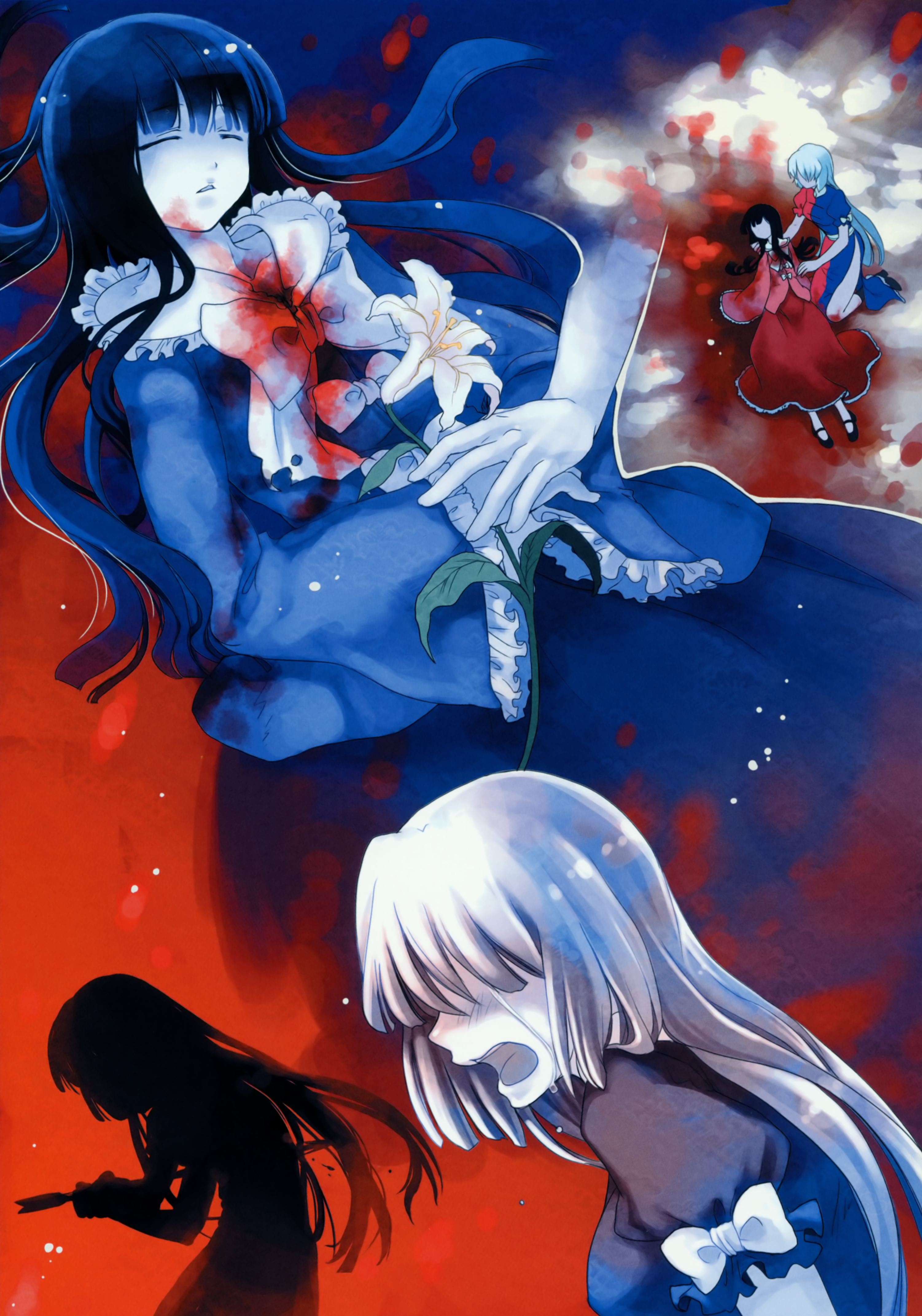 cat.lqe, catlqe, hakoiri nekohime, houraisan kaguya, yagokoro eirin, touhou, silver hair, absurdres, highres, huge filesize, scan, 2girls, arrow (projectile), black hair, blood, death, female focus, flower, hat, long hair, mary janes, multiple girls, shoes, suicide, tears