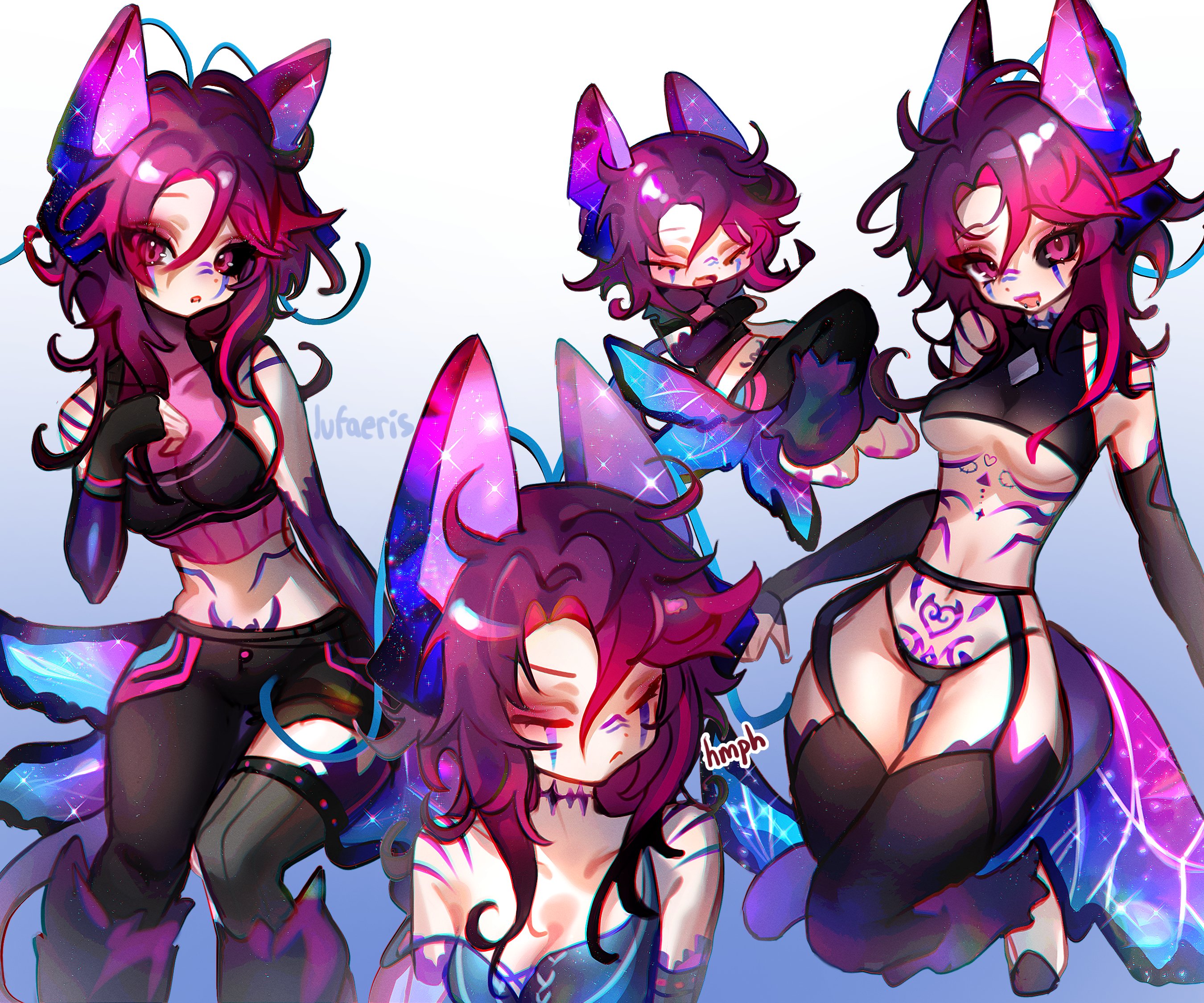 cloud (lufaeris), original, commission, highres, vgen commission, 1girl, black pants, black sclera, black thighhighs, body markings, breasts, chibi, chibi inset, cleavage, closed eyes, closed mouth, colored sclera, crop top, detached sleeves, facial mark, garter belt, hair between eyes, looking at viewer, medium breasts, medium hair, mismatched sclera, multiple views, open mouth, pants, purple eyes, purple hair, smile, thighhighs